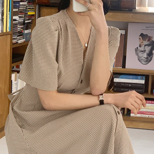 TDN-0151  베이직 프렌치 빈티지 체크 셔츠 원피스 